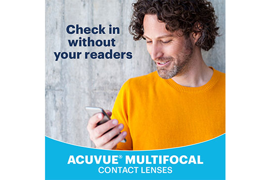 Man looking at his phone, ACUVUE Multifocal Contact Lenses.