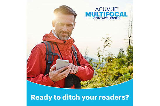 Man on a hike looking at his phone, ACUVUE Multifocal Contact Lenses.