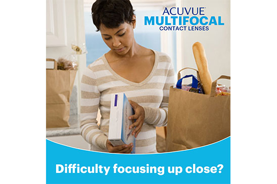 Woman reading a box of cereal, ACUVUE Multifocal Contact Lenses.