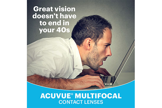Man looking very closely to his laptop screen, ACUVUE Multifocal Contact Lenses.