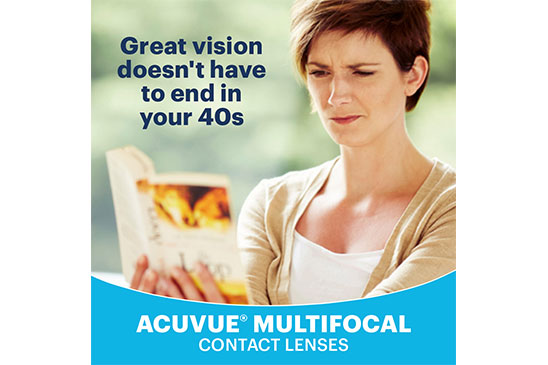 Woman reading a book, ACUVUE Multifocal Contact Lenses.