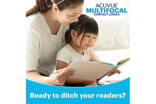 Woman and child reading a book, ACUVUE Multifocal Contact Lenses.