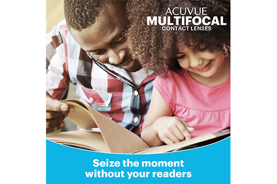 Man and child reading a book, ACUVUE Multifocal Contact Lenses.